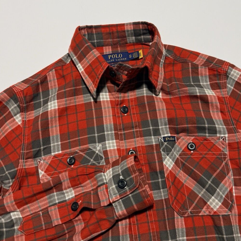 Polo Ralph Lauren Classic Fit Red Gray Plaid Flannel Shirt Men’s XS Throat Latch